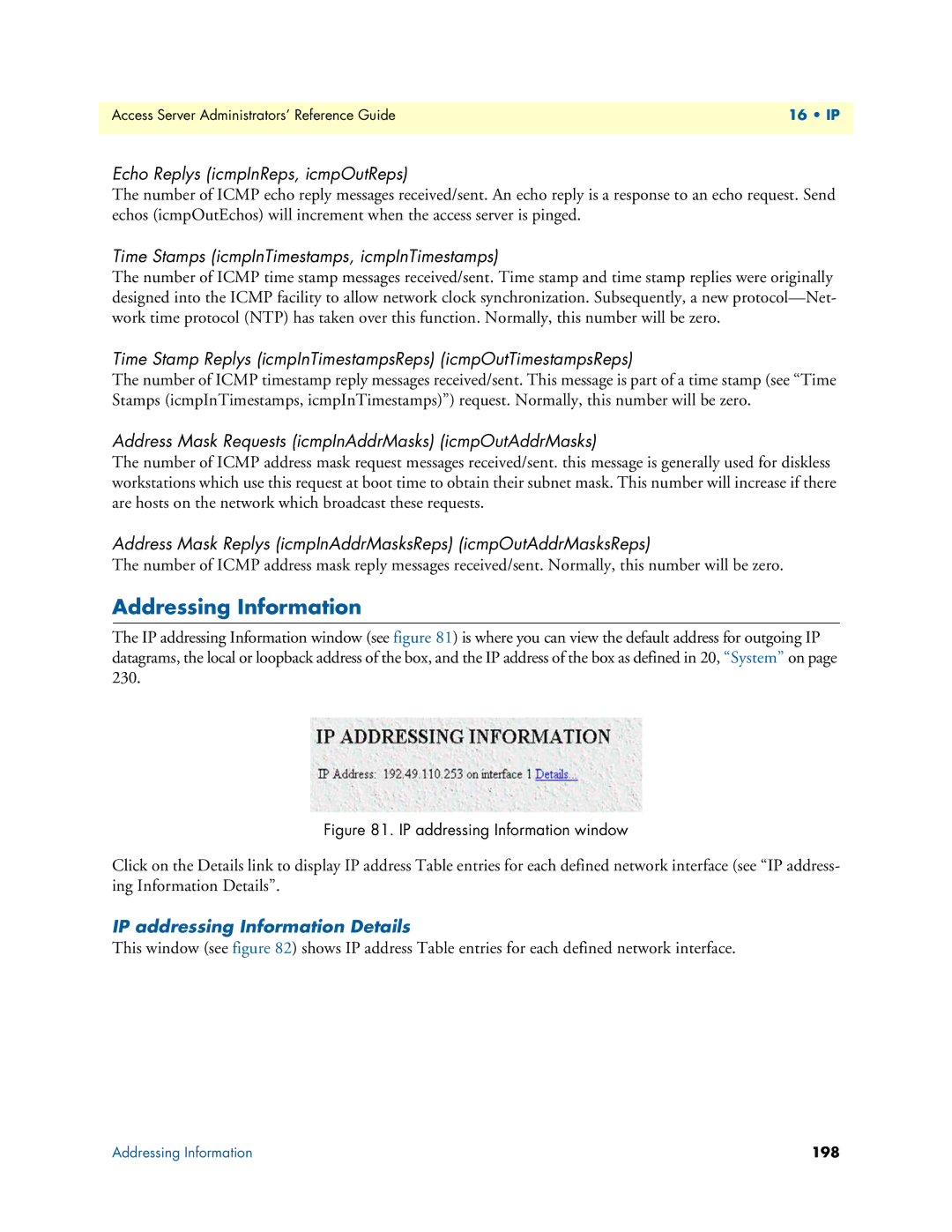 Patton electronic 29XX Addressing Information, Echo Replys icmpInReps, icmpOutReps, IP addressing Information Details 