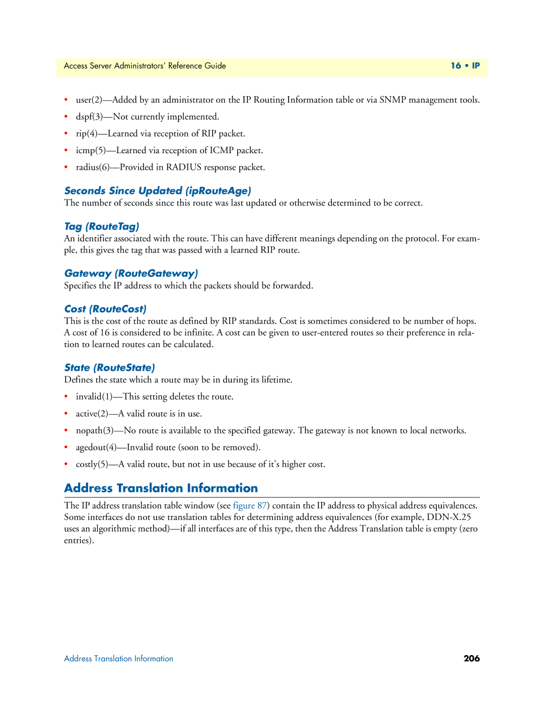 Patton electronic 29XX manual Address Translation Information, Seconds Since Updated ipRouteAge, Tag RouteTag 