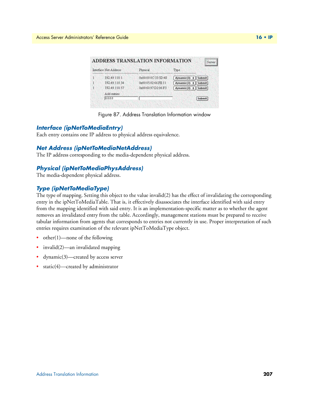 Patton electronic 29XX Interface ipNetToMediaEntry, Net Address ipNetToMediaNetAddress, Physical ipNetToMediaPhysAddress 