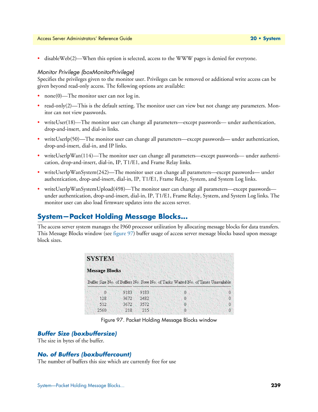 Patton electronic 29XX System-Packet Holding Message Blocks, Buffer Size boxbuffersize, No. of Buffers boxbuffercount 