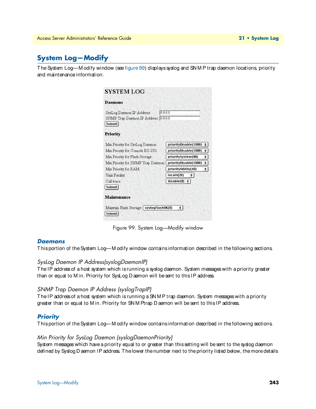 Patton electronic 29XX manual System Log-Modify, Daemons, Priority 