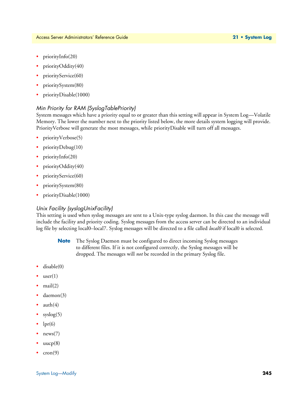 Patton electronic 29XX manual Min Priority for RAM SyslogTablePriority, Unix Facility syslogUnixFacility 