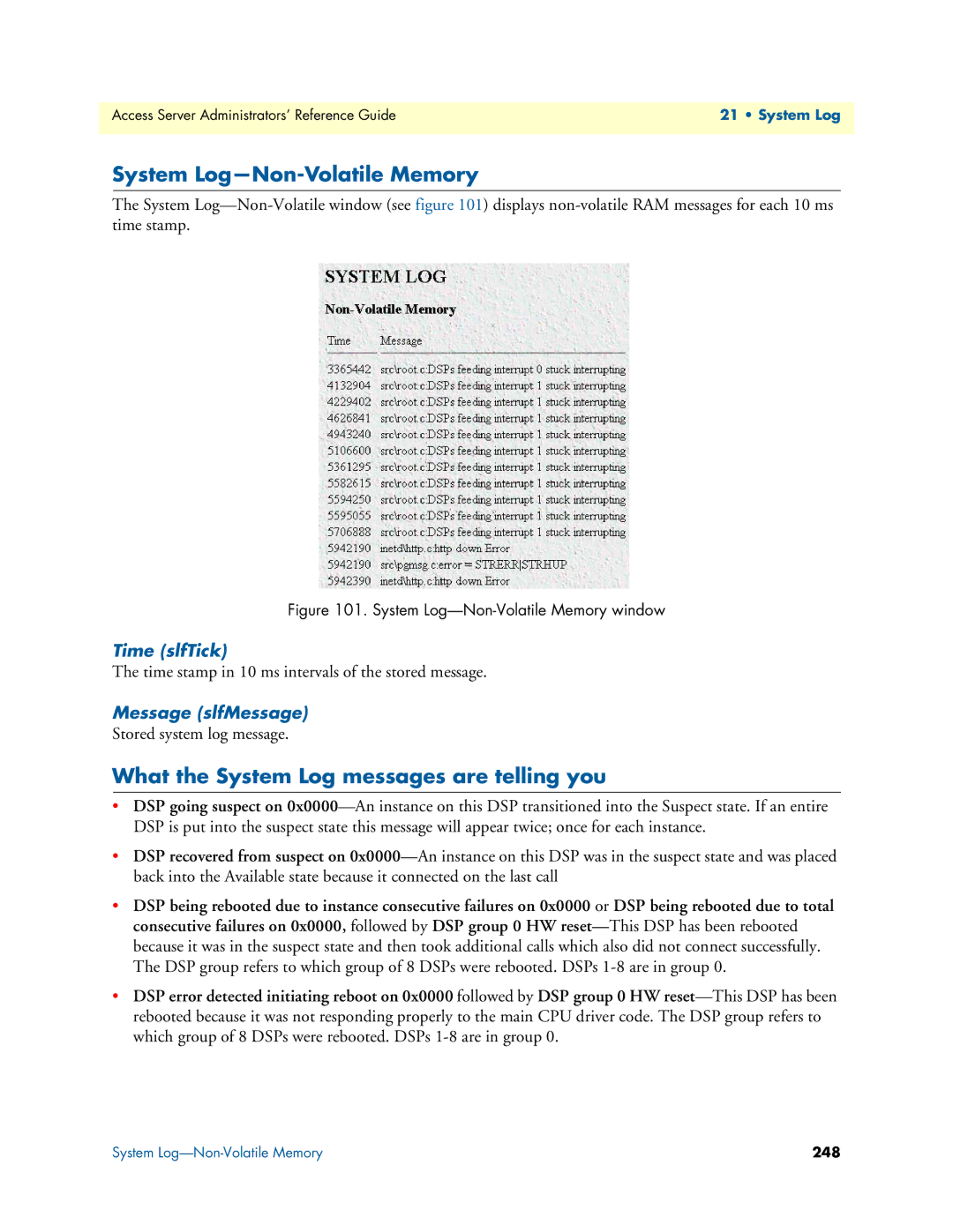 Patton electronic 29XX manual System Log-Non-Volatile Memory, What the System Log messages are telling you, Time slfTick 