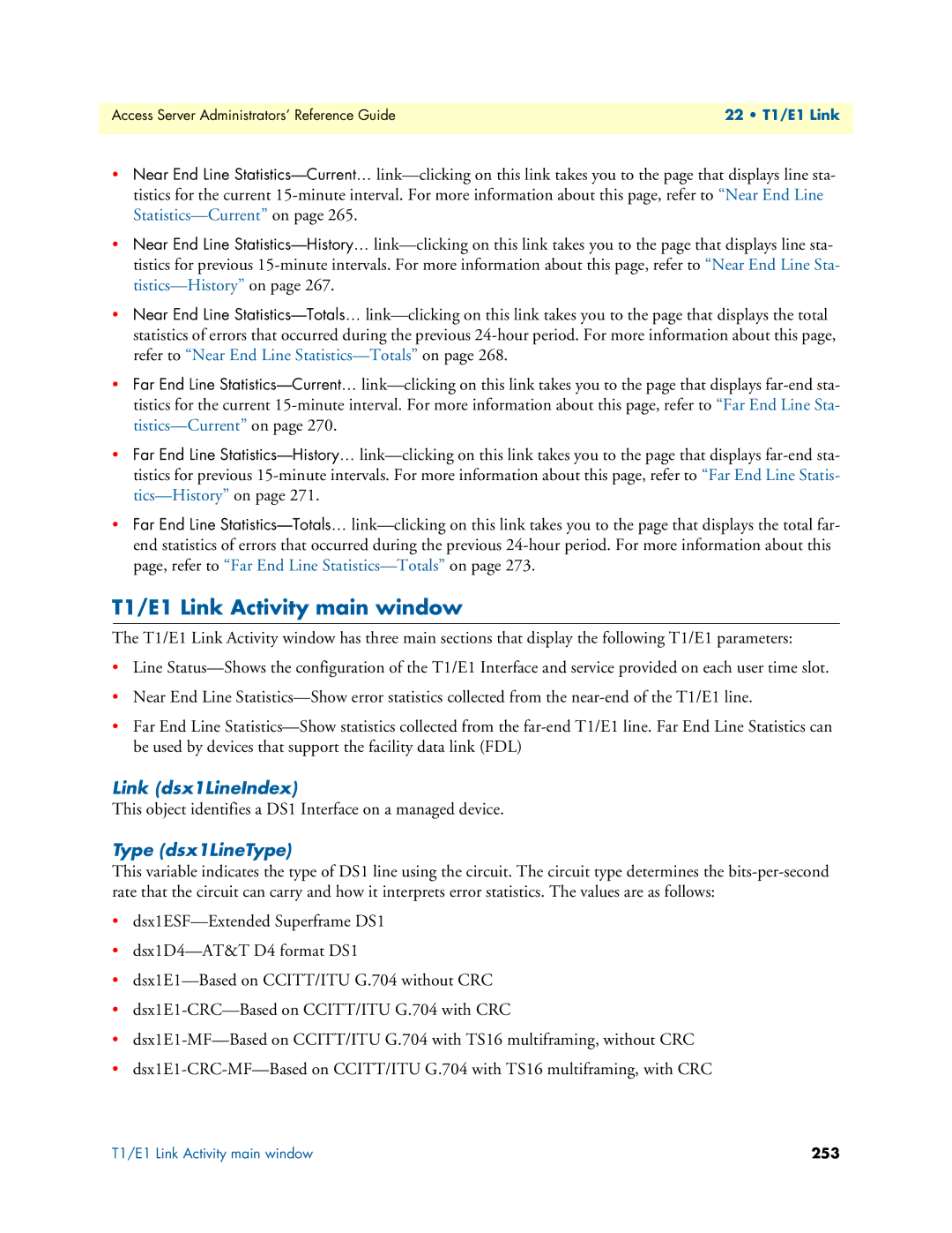 Patton electronic 29XX manual T1/E1 Link Activity main window, Link dsx1LineIndex, Type dsx1LineType 