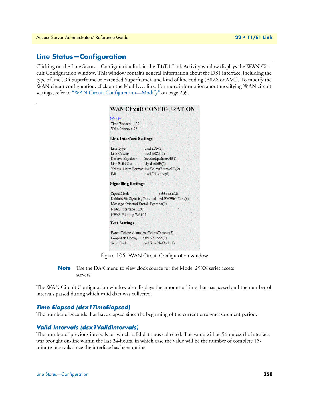 Patton electronic 29XX manual Line Status-Configuration, Time Elapsed dsx1TimeElapsed, Valid Intervals dsx1ValidIntervals 