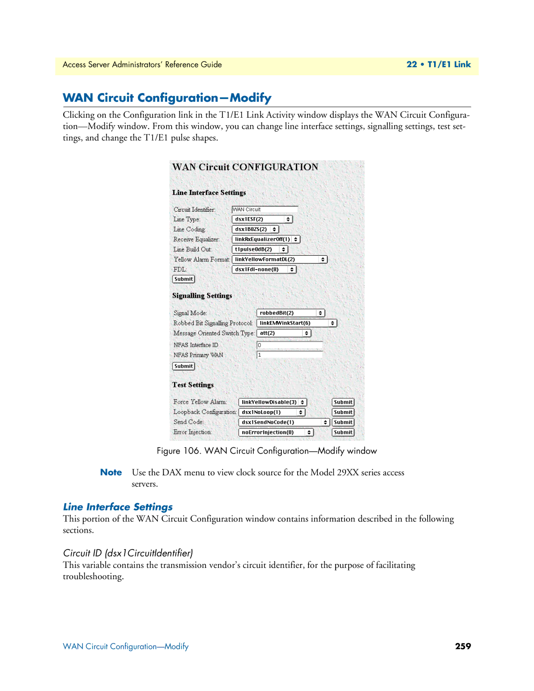 Patton electronic 29XX manual WAN Circuit Configuration-Modify, Line Interface Settings, Circuit ID dsx1CircuitIdentifier 