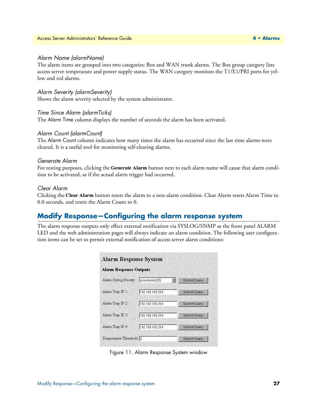 Patton electronic 29XX manual Modify Response-Configuring the alarm response system 