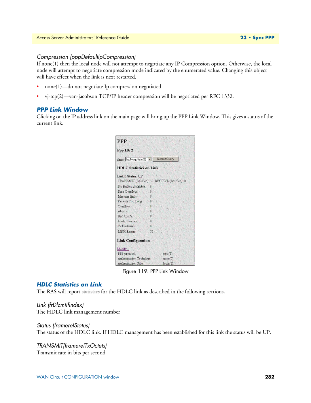 Patton electronic 29XX Compression pppDefaultIpCompression, PPP Link Window, Link frDlcmiIfIndex, Status framerelStatus 