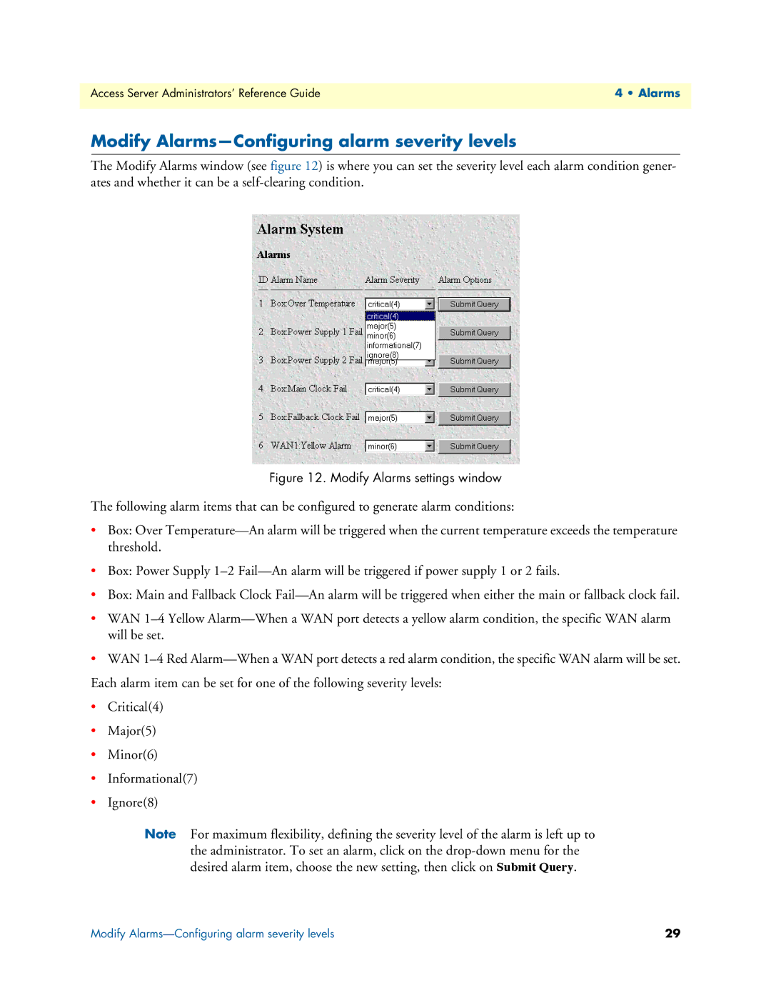 Patton electronic 29XX manual Modify Alarms-Configuring alarm severity levels, Modify Alarms settings window 