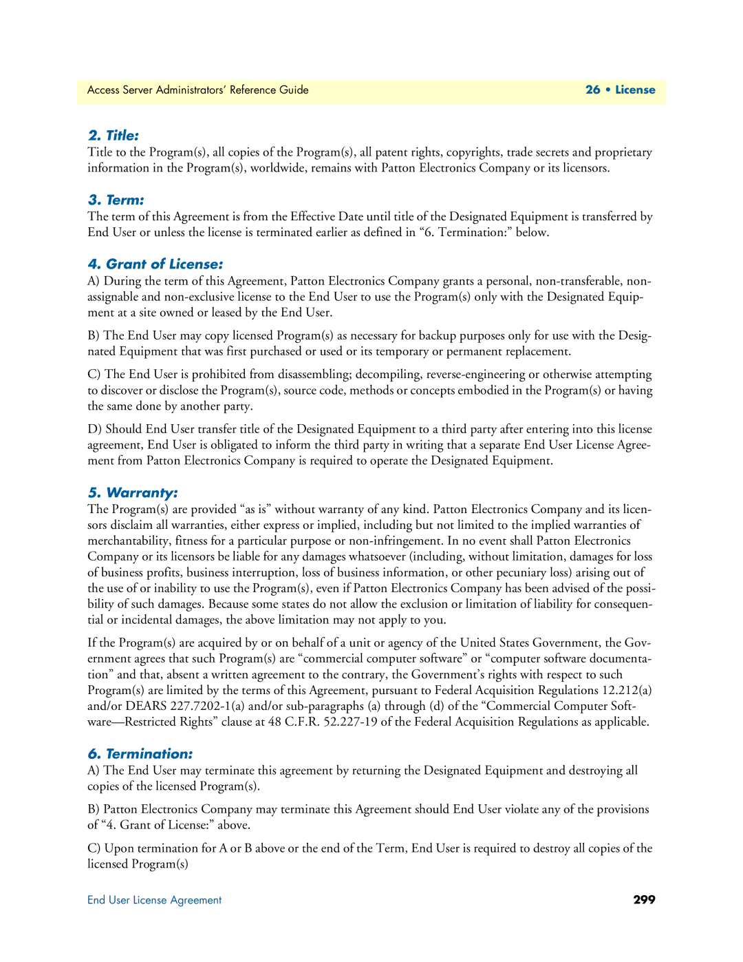 Patton electronic 29XX manual Title, Grant of License, Warranty, Termination 