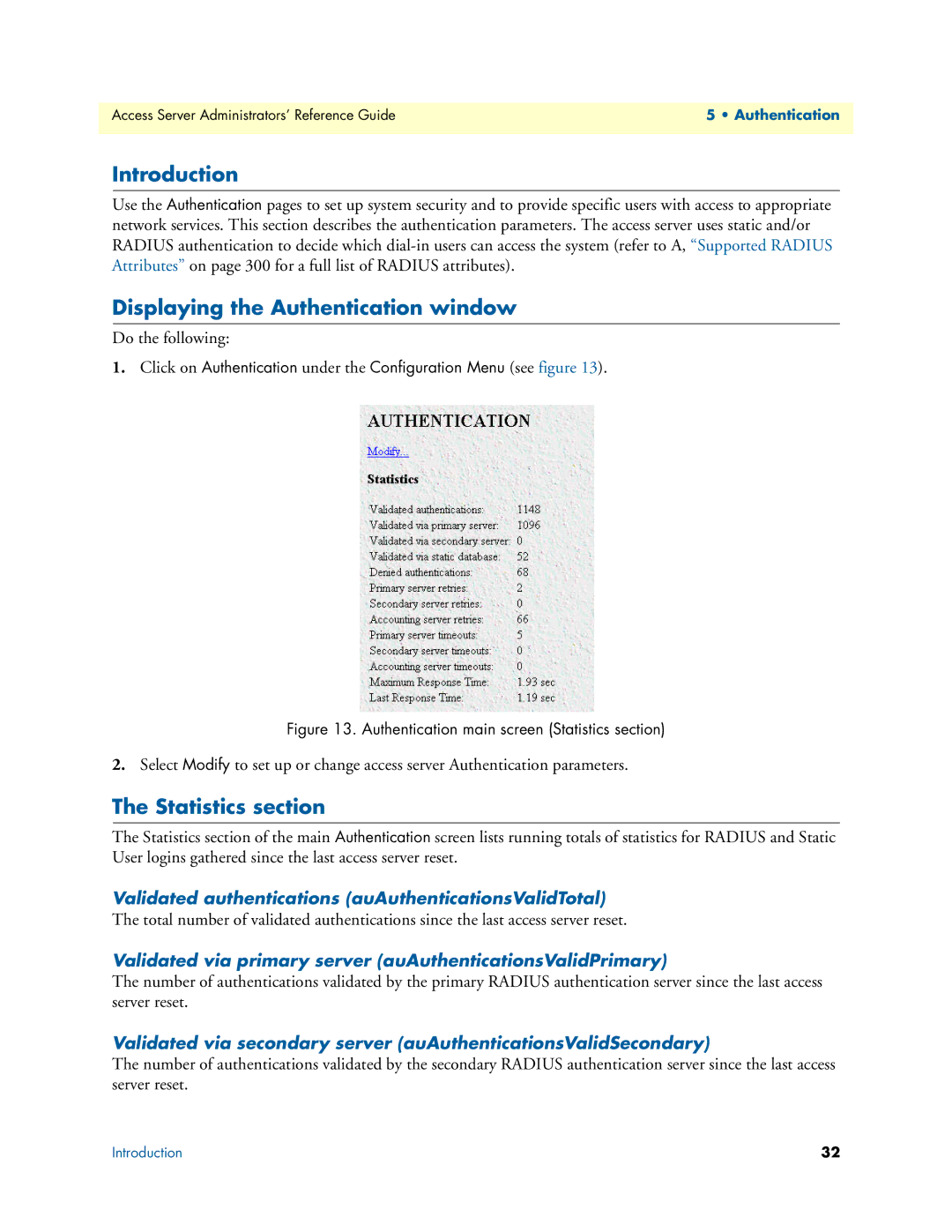 Patton electronic 29XX manual Displaying the Authentication window, Statistics section 