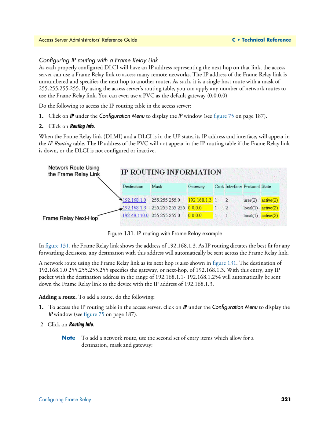 Patton electronic 29XX manual Configuring IP routing with a Frame Relay Link, IP routing with Frame Relay example 