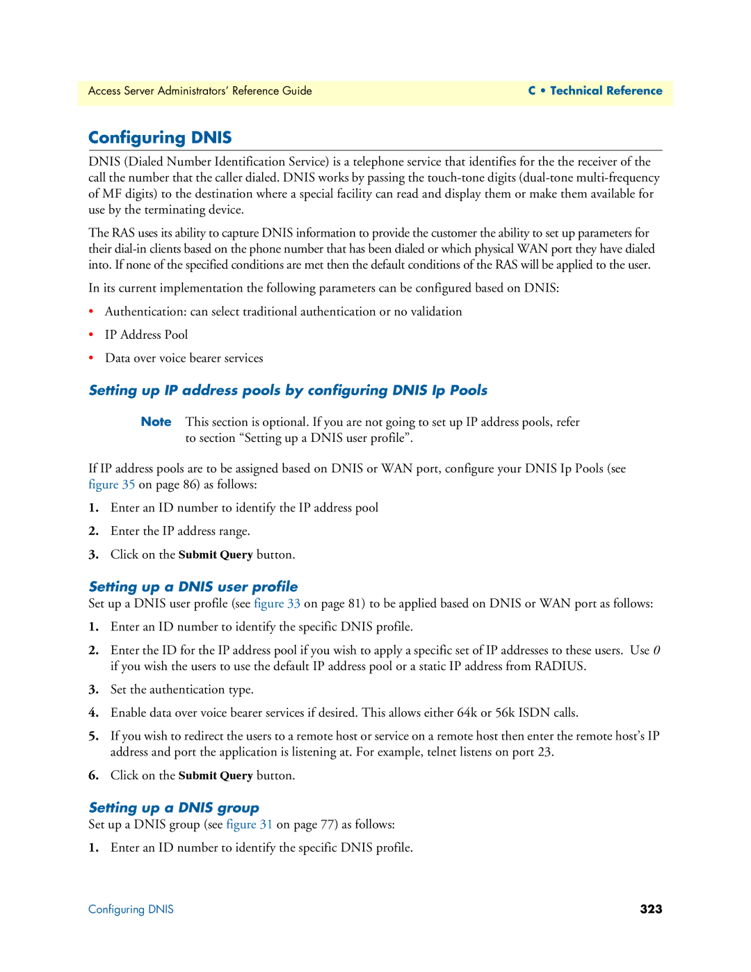 Patton electronic 29XX Configuring Dnis, Setting up IP address pools by configuring Dnis Ip Pools, Setting up a Dnis group 