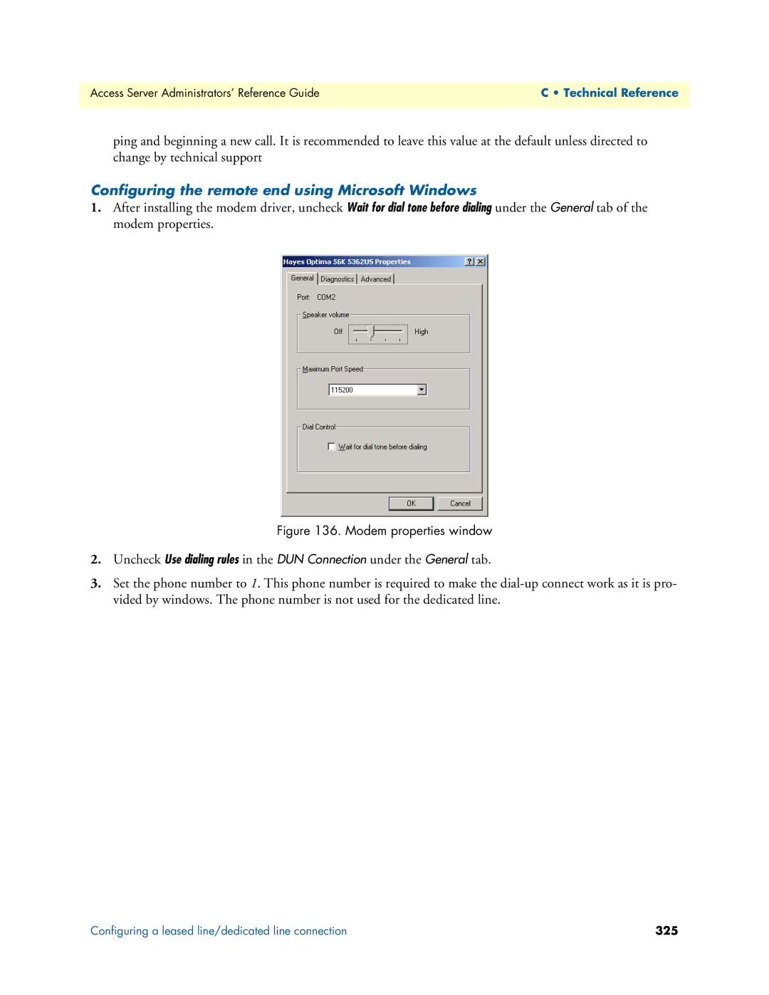 Patton electronic 29XX manual Configuring the remote end using Microsoft Windows, Modem properties window 