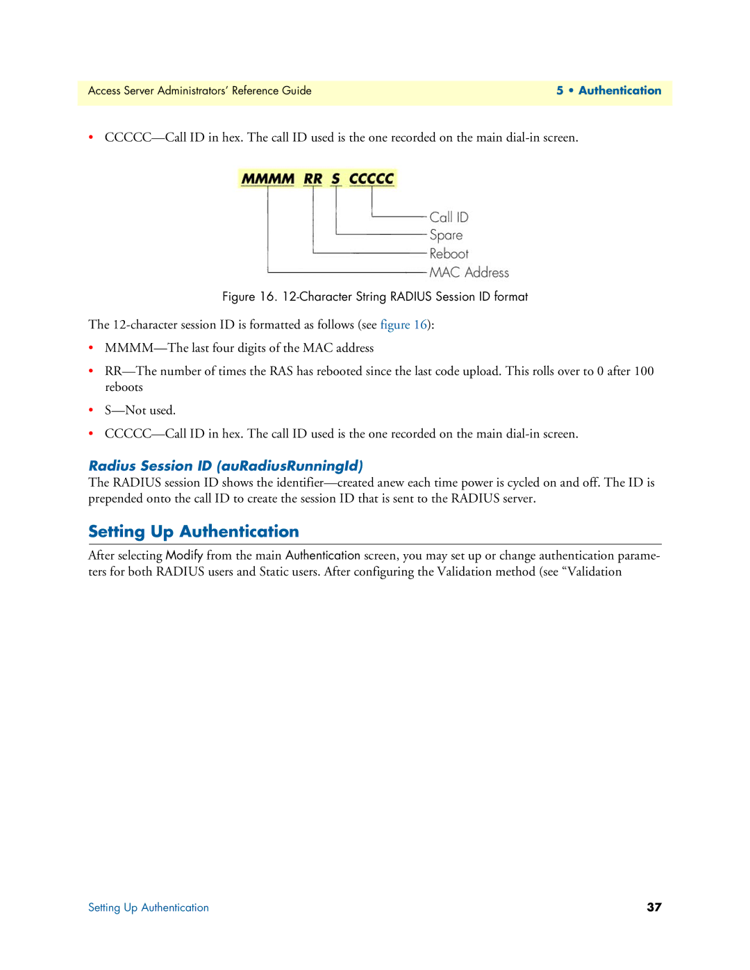 Patton electronic 29XX manual Setting Up Authentication, Radius Session ID auRadiusRunningId 