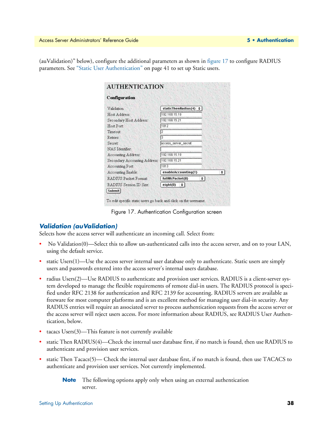 Patton electronic 29XX manual Authentication Configuration screen 