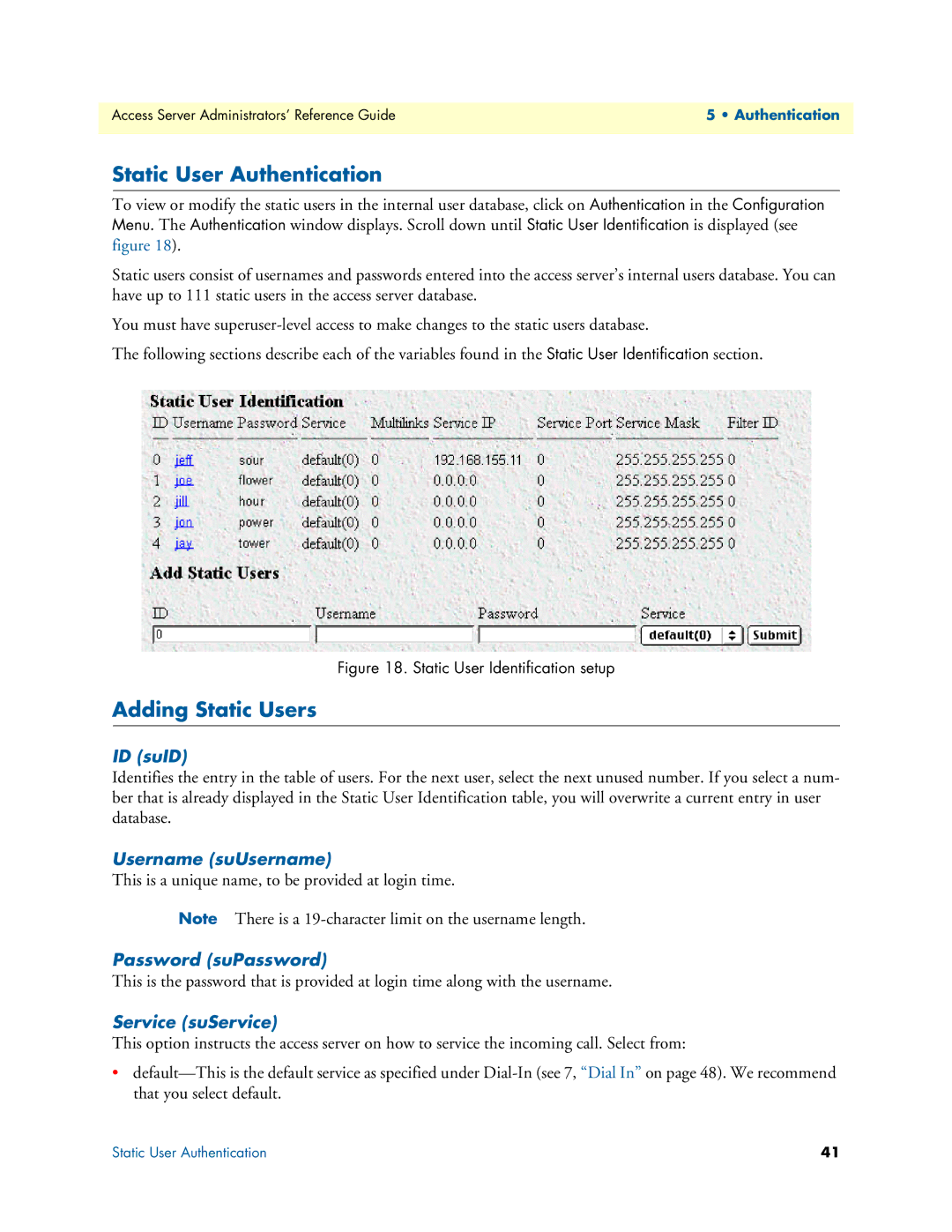 Patton electronic 29XX manual Static User Authentication, Adding Static Users 