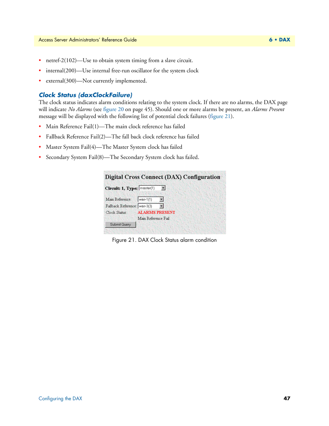 Patton electronic 29XX manual Clock Status daxClockFailure, DAX Clock Status alarm condition 