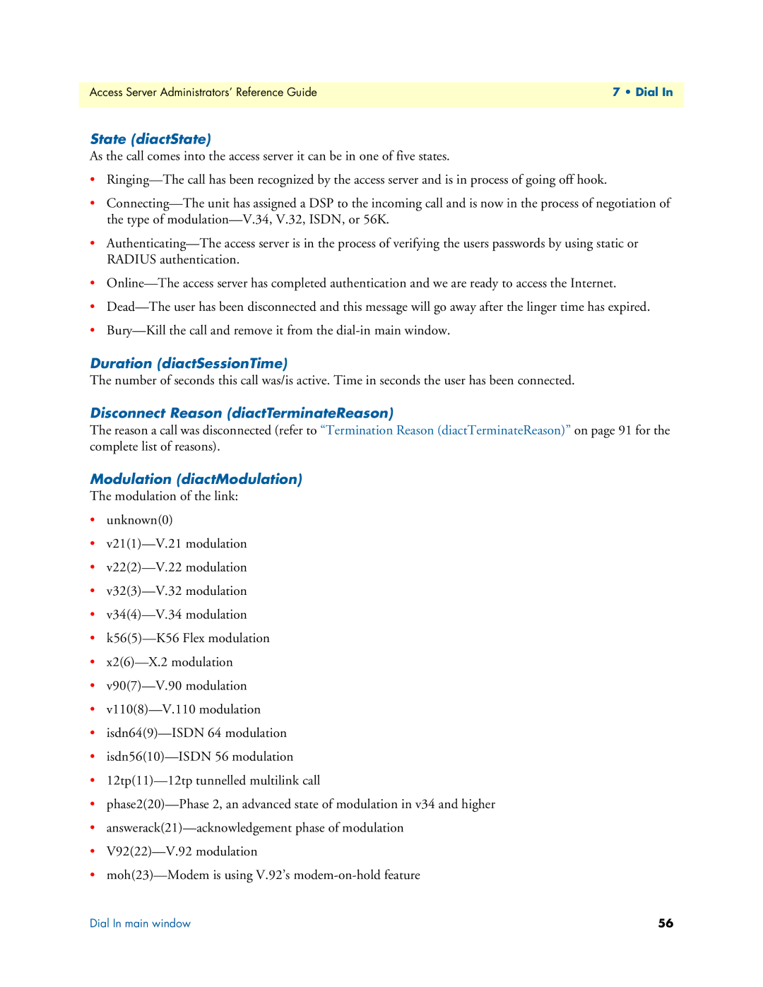 Patton electronic 29XX manual State diactState, Duration diactSessionTime, Disconnect Reason diactTerminateReason 