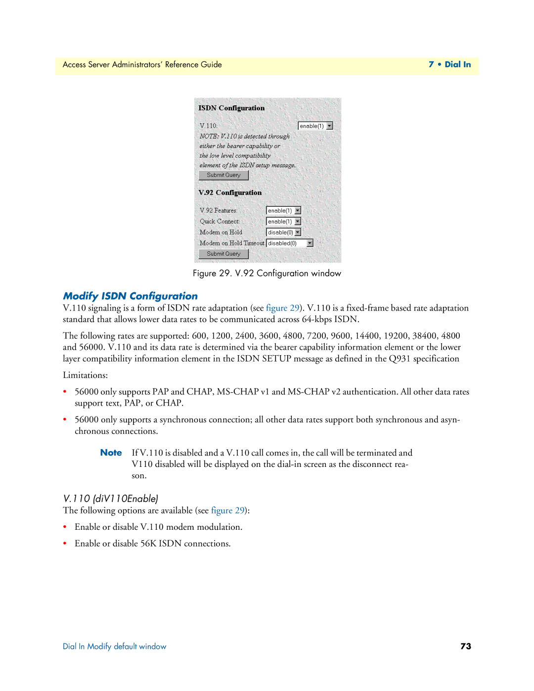 Patton electronic 29XX manual Modify Isdn Configuration, 110 diV110Enable 