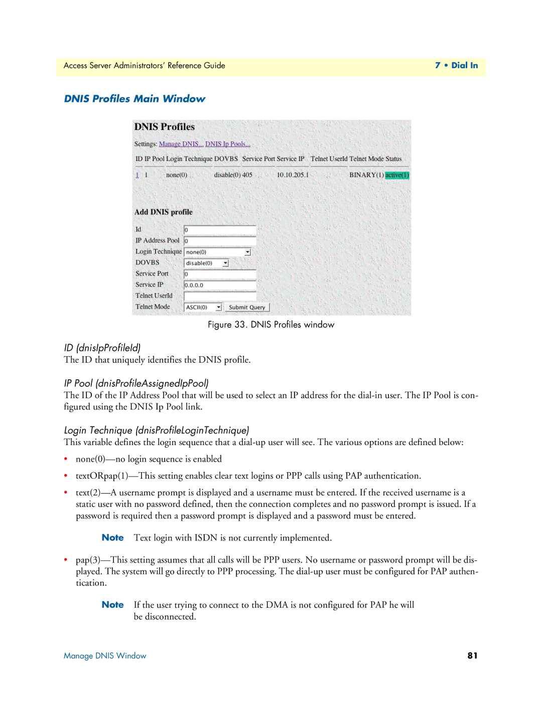 Patton electronic 29XX manual Dnis Profiles Main Window, ID dnisIpProfileId, IP Pool dnisProfileAssignedIpPool 