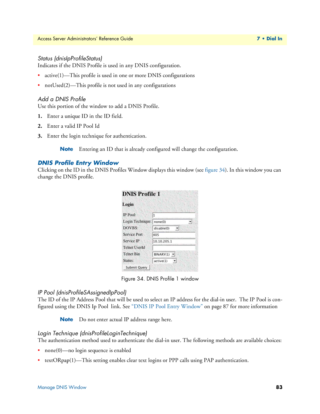 Patton electronic 29XX manual Status dnisIpProfileStatus, Add a Dnis Profile, Dnis Profile Entry Window 