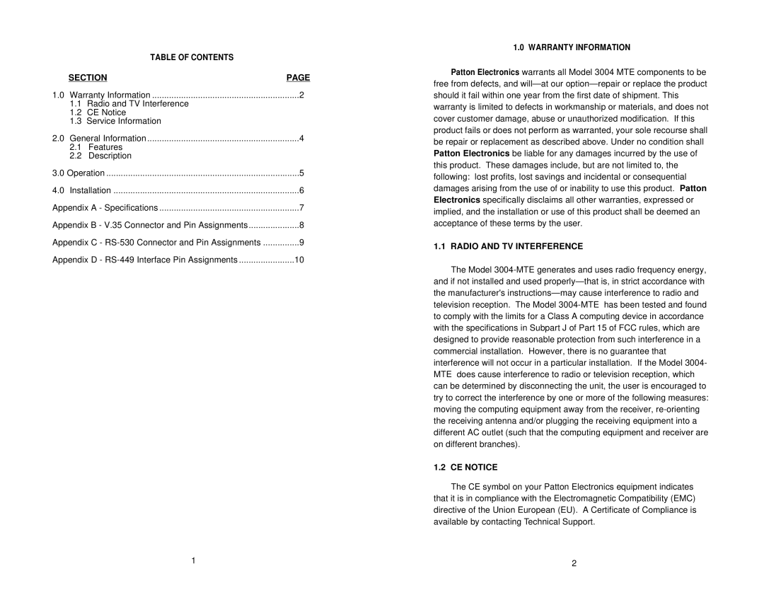 Patton electronic 3004 user manual Table of Contents Section, Warranty Information, Radio and TV Interference, CE Notice 