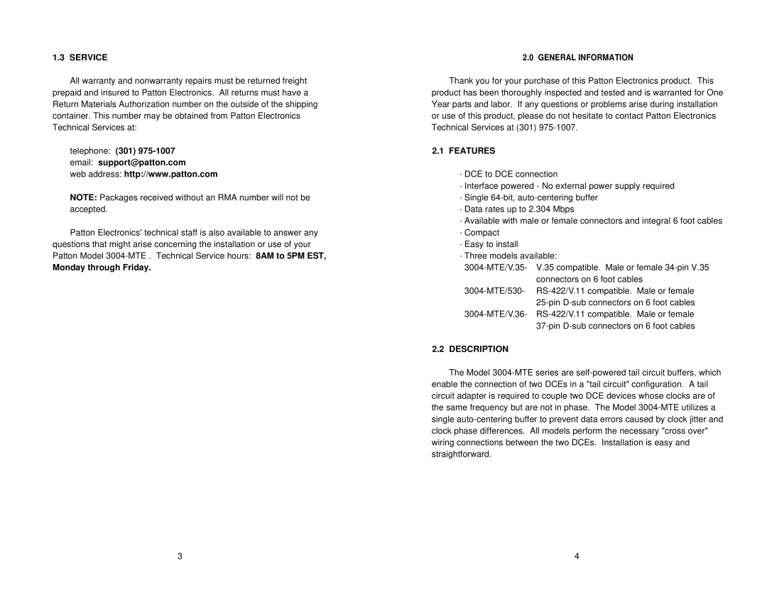 Patton electronic 3004 user manual Service, General Information, Features, Description 