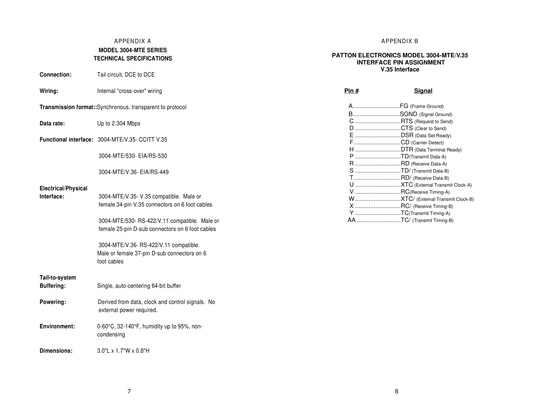 Patton electronic user manual Appendix a Model 3004-MTE Series Technical Specifications 