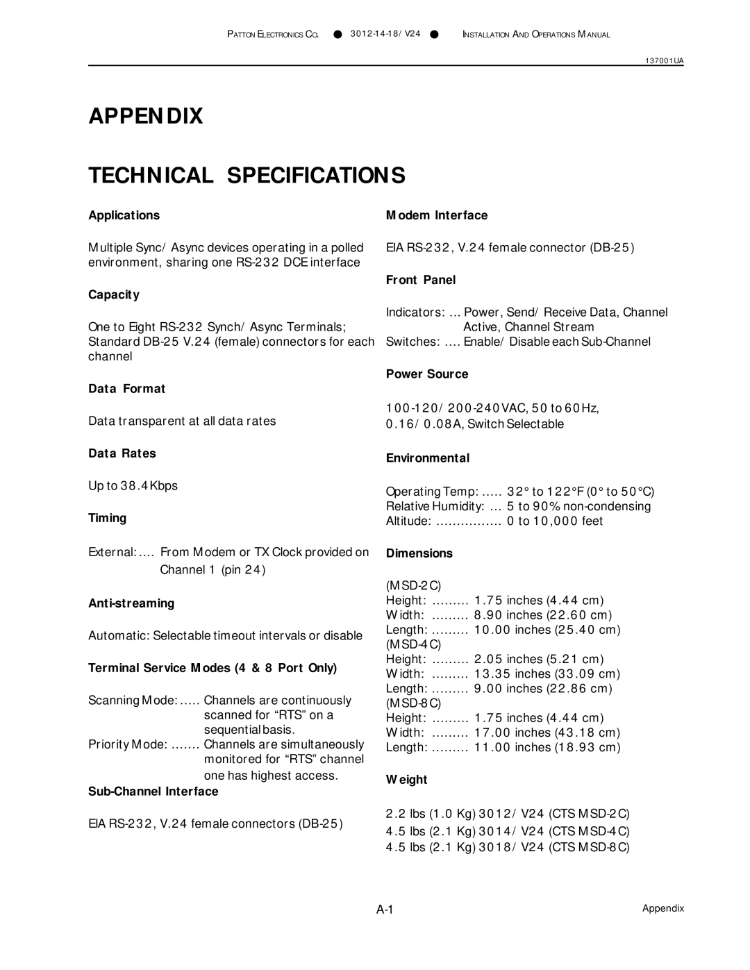 Patton electronic 3012/V24, 3014/V24, 3018/V24 manual Appendix Technical Specifications 