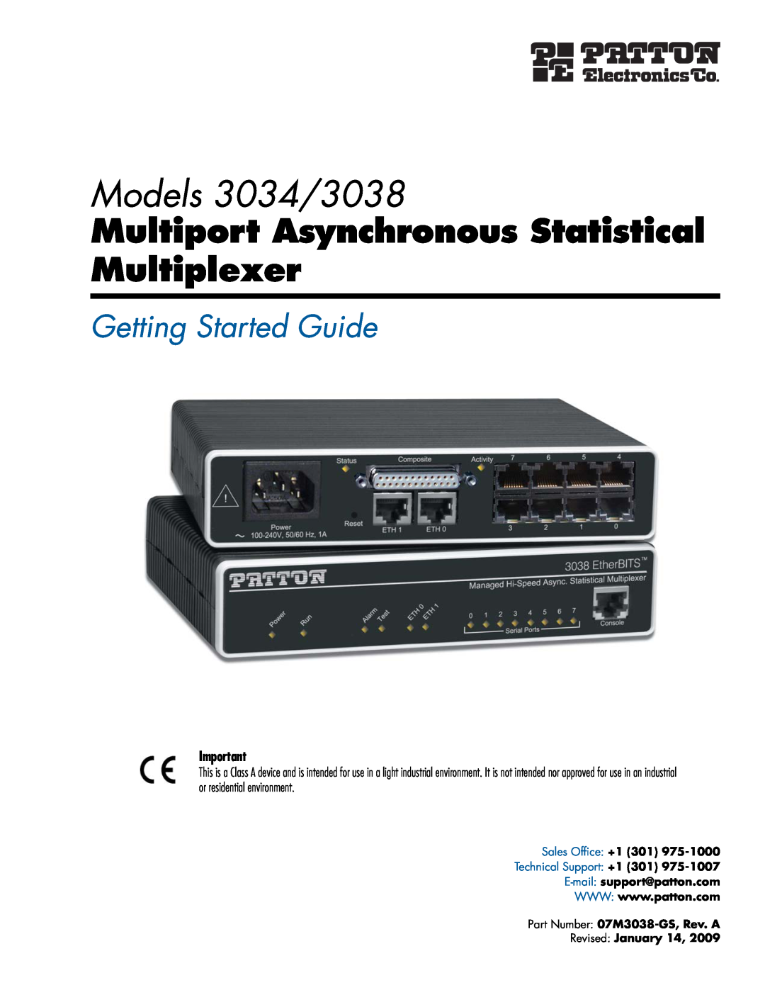 Patton electronic manual Models 3034/3038, Multiport Asynchronous Statistical Multiplexer, Getting Started Guide 