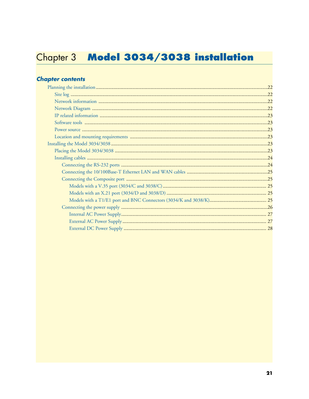Patton electronic manual Model 3034/3038 installation, Chapter contents 