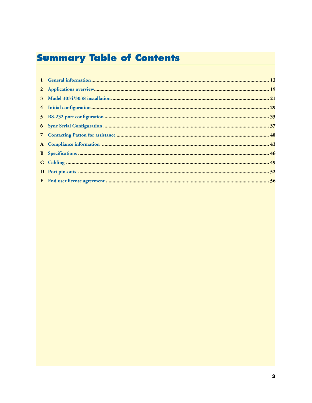 Patton electronic 3034/3038 manual Summary Table of Contents 