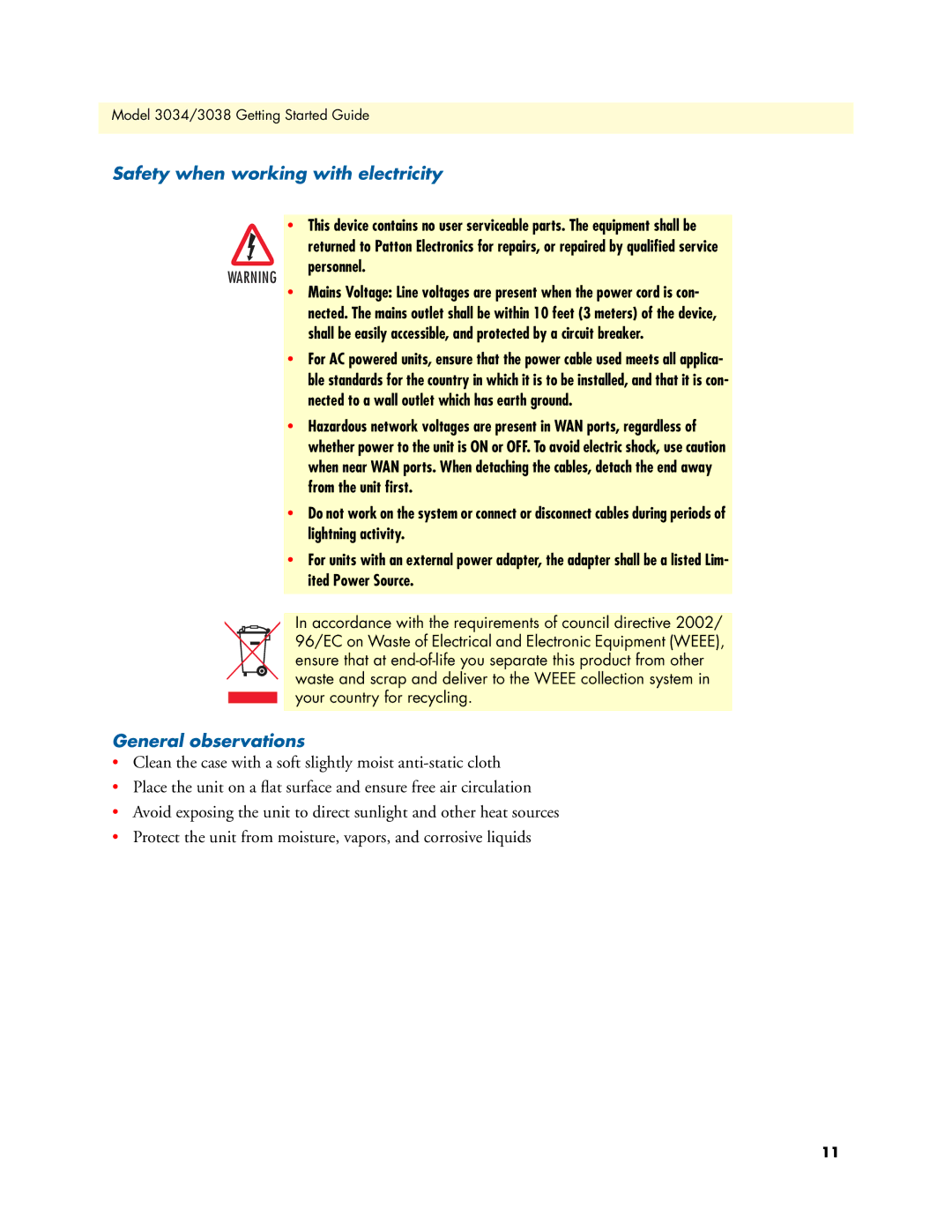 Patton electronic 3034/3038 manual Safety when working with electricity, General observations 