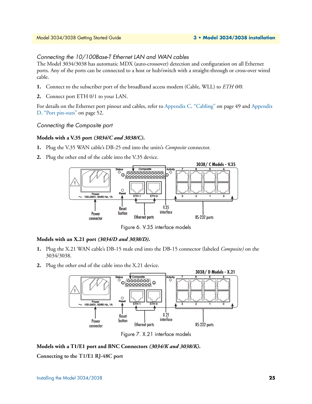 Patton electronic 3034/3038 manual Models with a V.35 port 3034/C and 3038/C, Models with an X.21 port 3034/D and 3038/D 