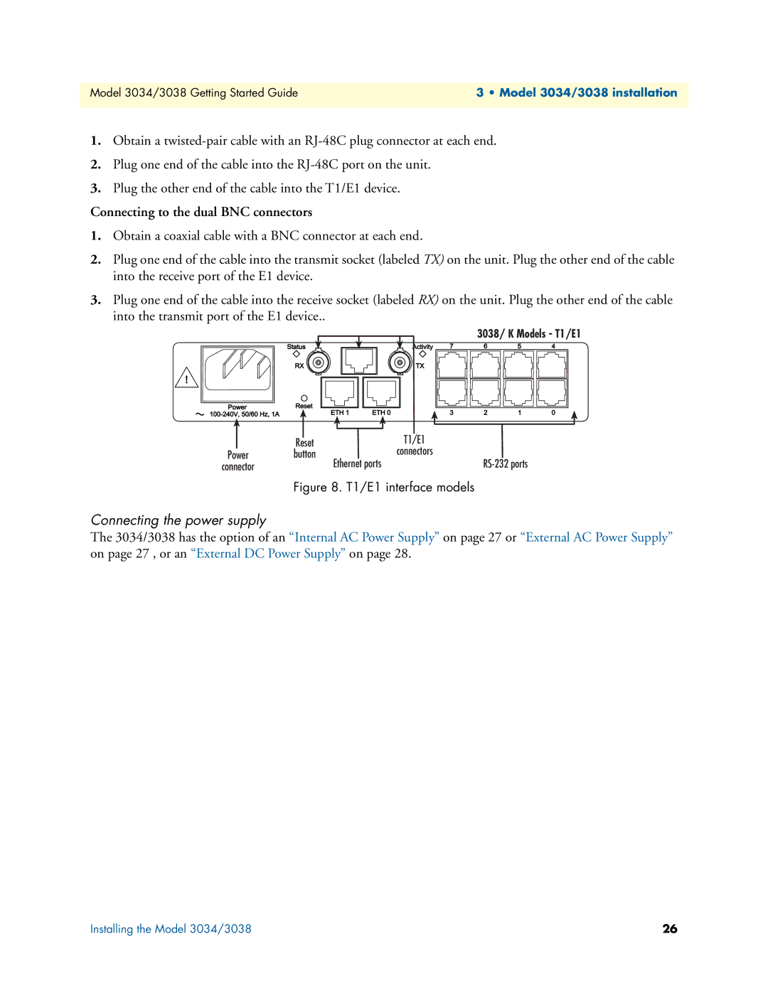 Patton electronic 3034/3038 manual Connecting to the dual BNC connectors, Connecting the power supply 