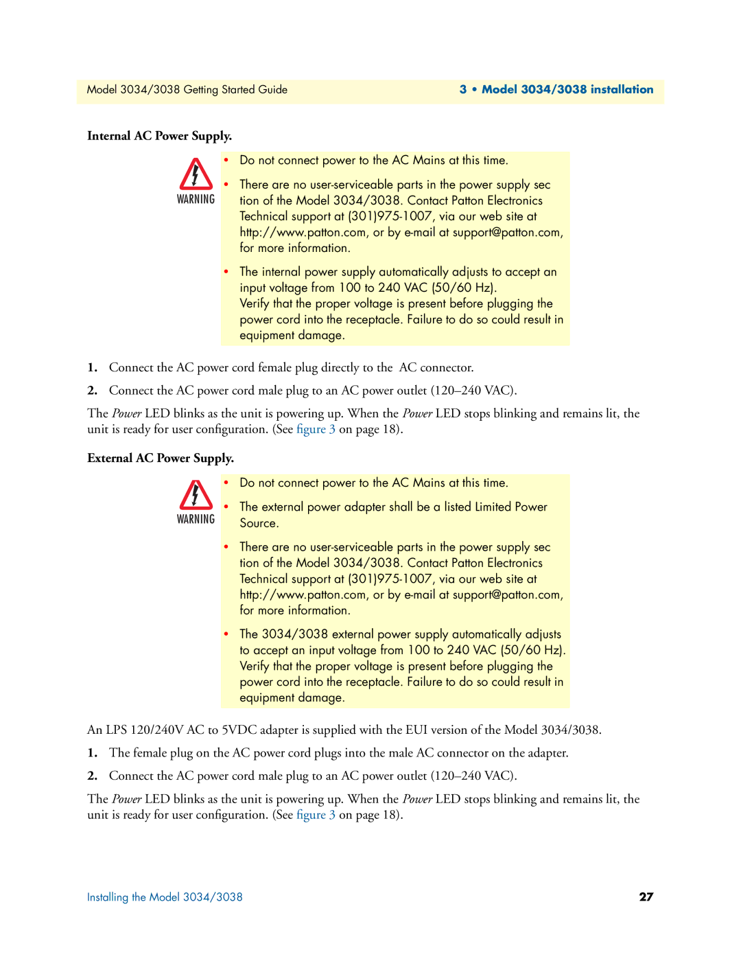 Patton electronic 3034/3038 manual Internal AC Power Supply, External AC Power Supply 