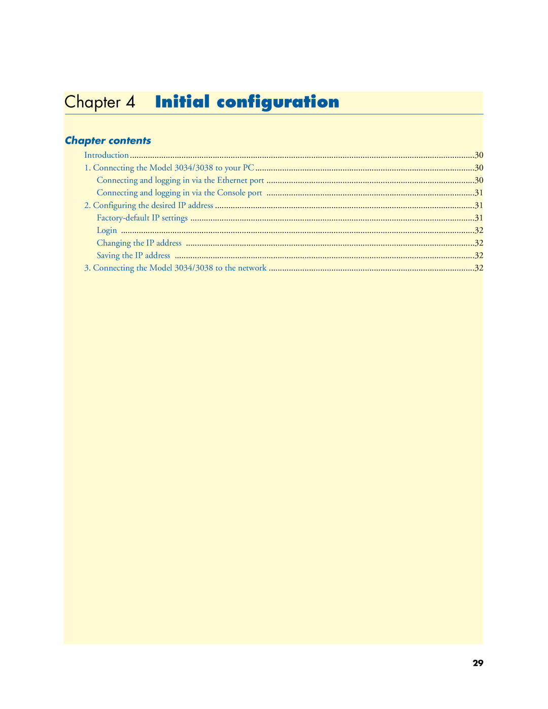 Patton electronic 3034/3038 manual Initial conﬁguration, Chapter contents 