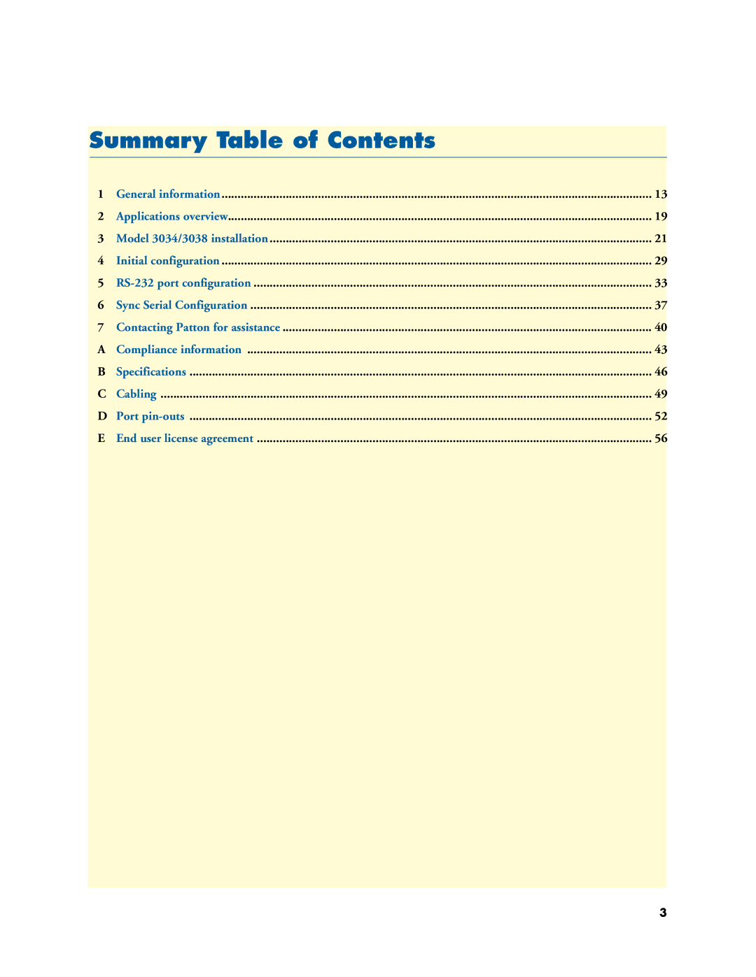 Patton electronic 3034/3038 manual Summary Table of Contents 