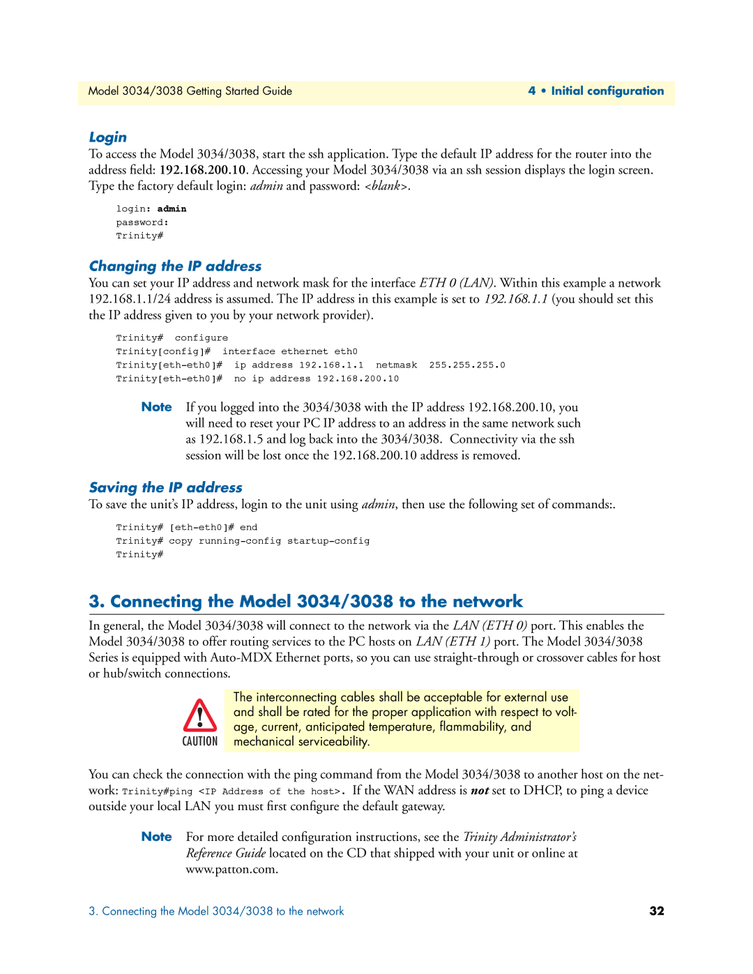 Patton electronic Connecting the Model 3034/3038 to the network, Login, Changing the IP address, Saving the IP address 