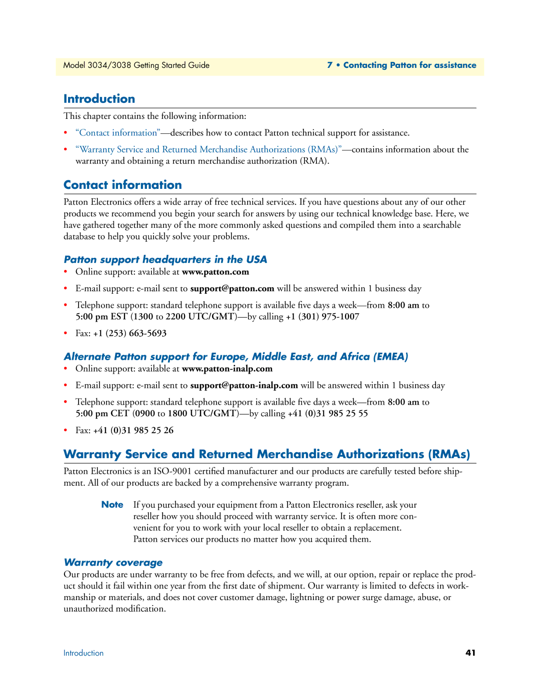 Patton electronic 3034/3038 Contact information, Patton support headquarters in the USA, Fax +1 253, Fax +41 031 985 25 