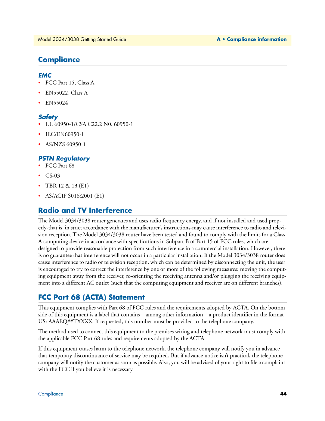 Patton electronic 3034/3038 Compliance, Radio and TV Interference, FCC Part 68 Acta Statement, Safety, Pstn Regulatory 