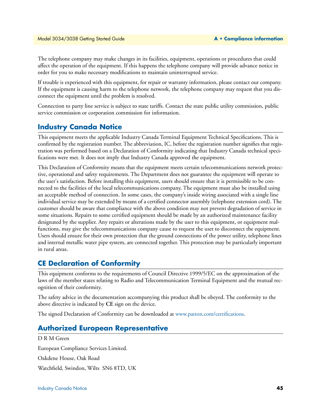 Patton electronic 3034/3038 manual Industry Canada Notice, CE Declaration of Conformity, Authorized European Representative 