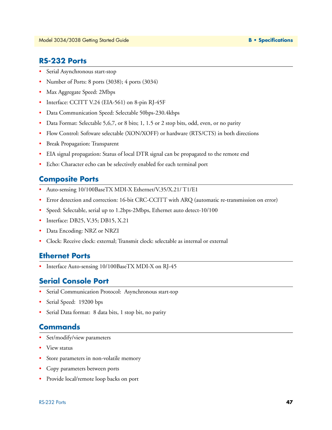 Patton electronic 3034/3038 manual RS-232 Ports, Composite Ports, Ethernet Ports, Serial Console Port, Commands 