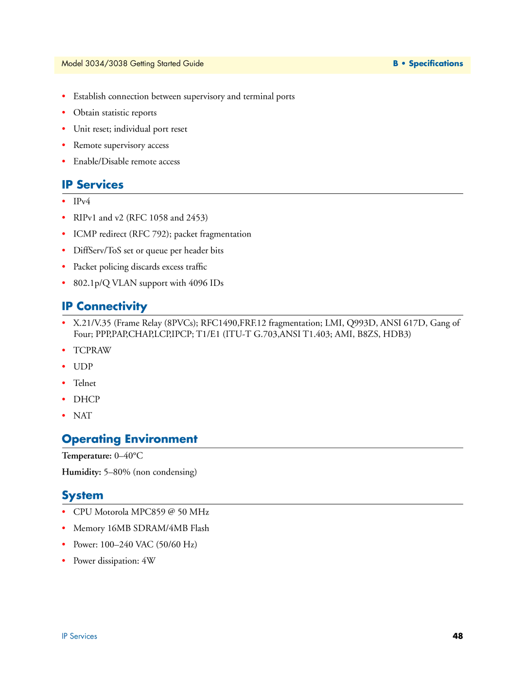 Patton electronic 3034/3038 manual IP Services, IP Connectivity, Operating Environment, System, Temperature 0-40C 