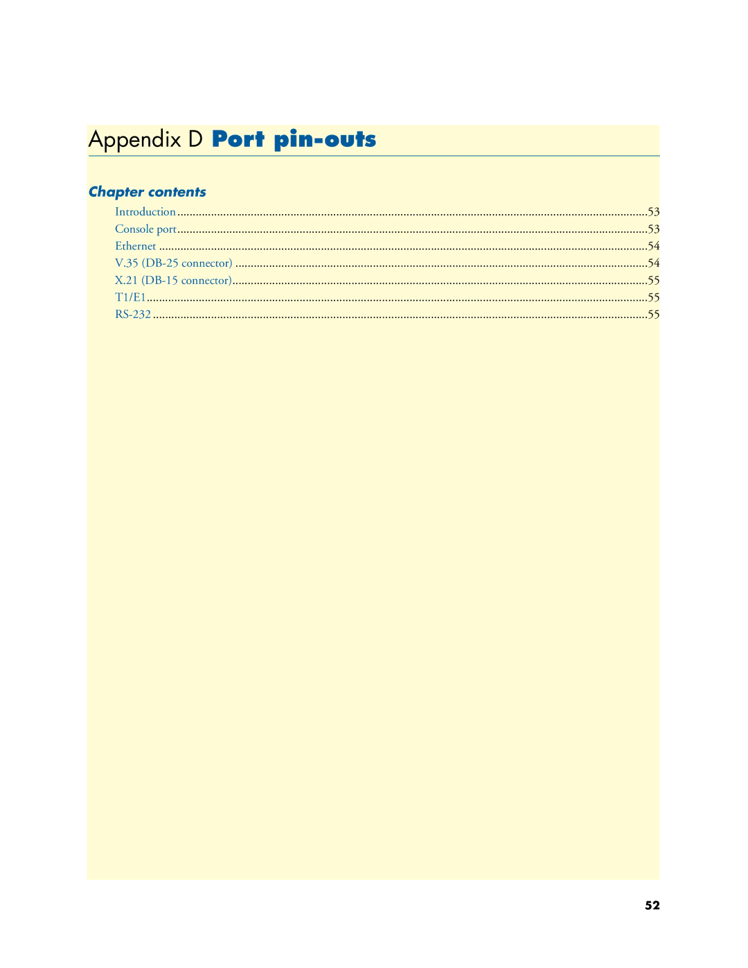 Patton electronic 3034/3038 manual Appendix D Port pin-outs, Chapter contents 