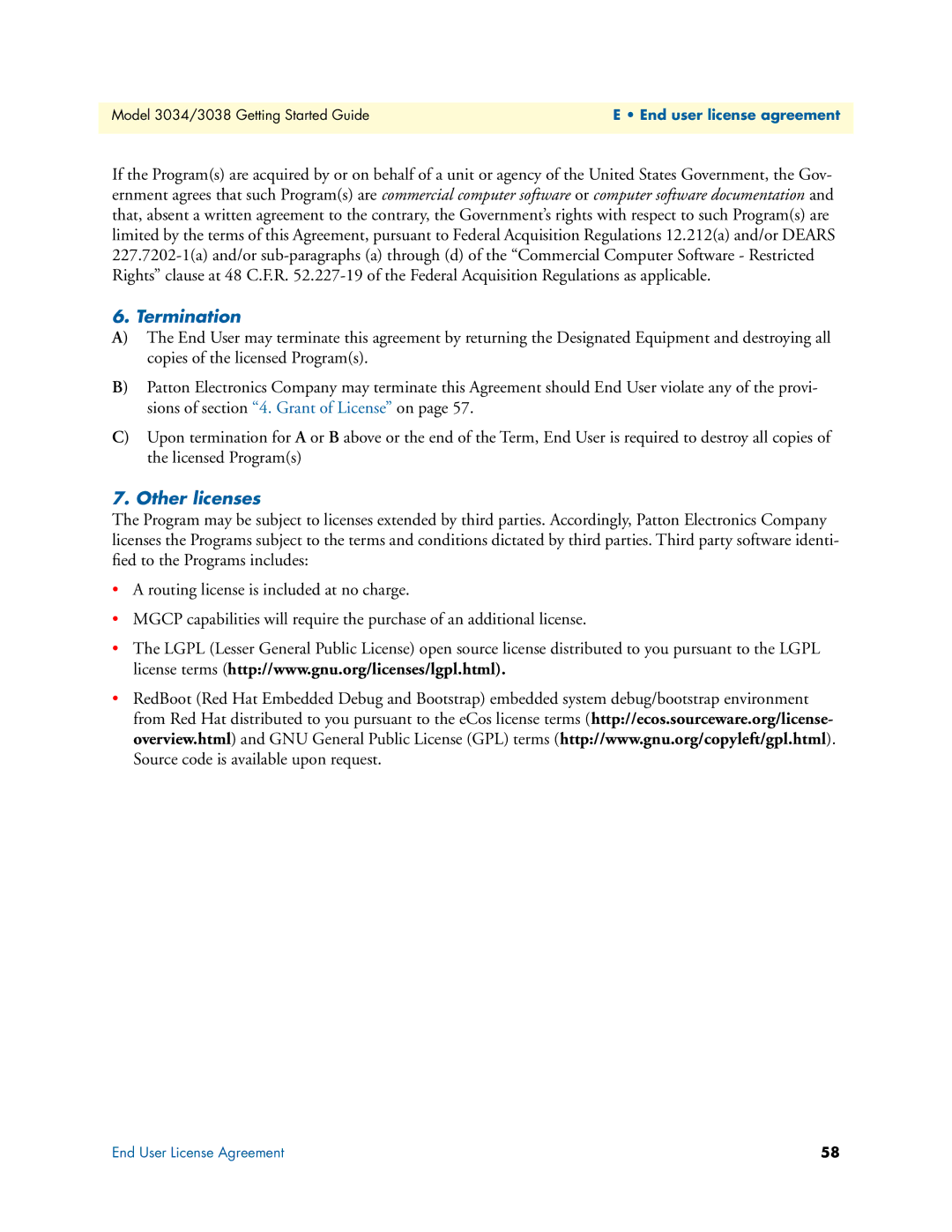 Patton electronic 3034/3038 manual Termination, Other licenses 