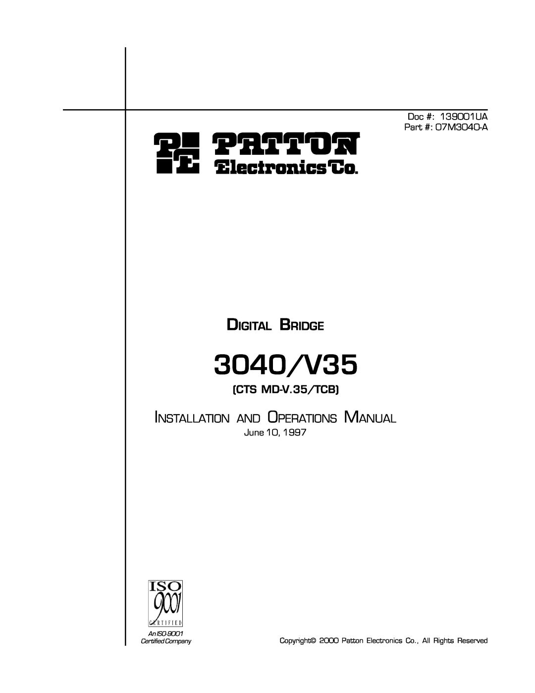 Patton electronic 3040/V35 manual CTS MD-V.35/TCB, Copyright 2000 Patton Electronics Co., All Rights Reserved, An ISO-9001 