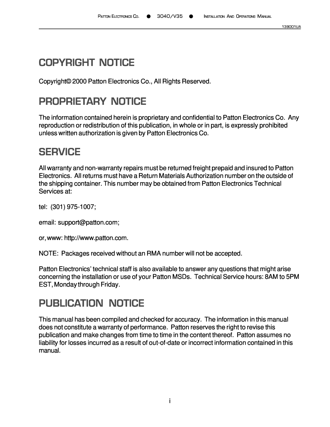 Patton electronic 3040/V35 manual Copyright Notice, Proprietary Notice, Service, Publication Notice 