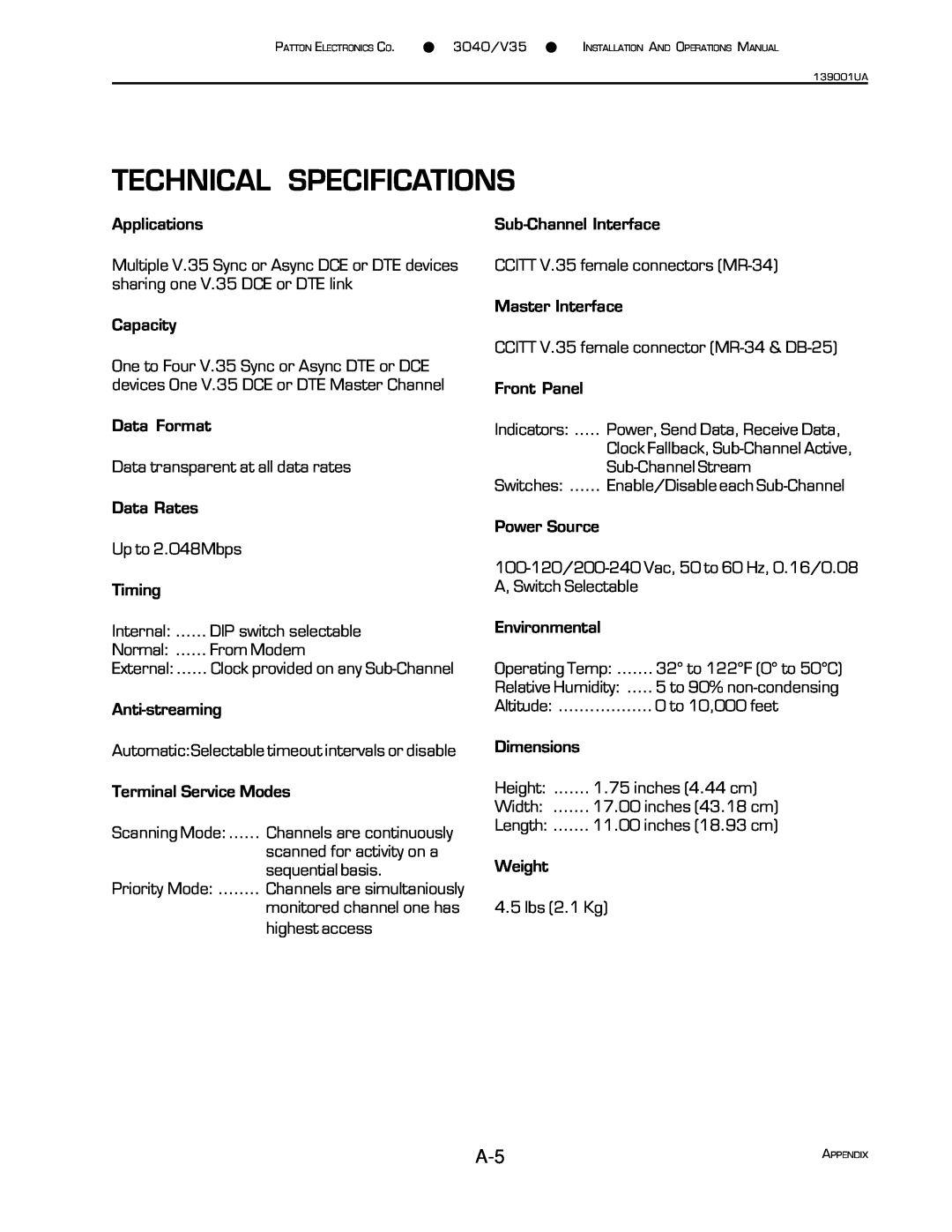 Patton electronic 3040/V35 manual Technical Specifications 